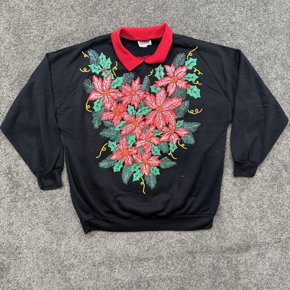 VTG Womens XL 20 Nutcracker Ugly Christmas Sweatshirt Poinset USA Black Red
